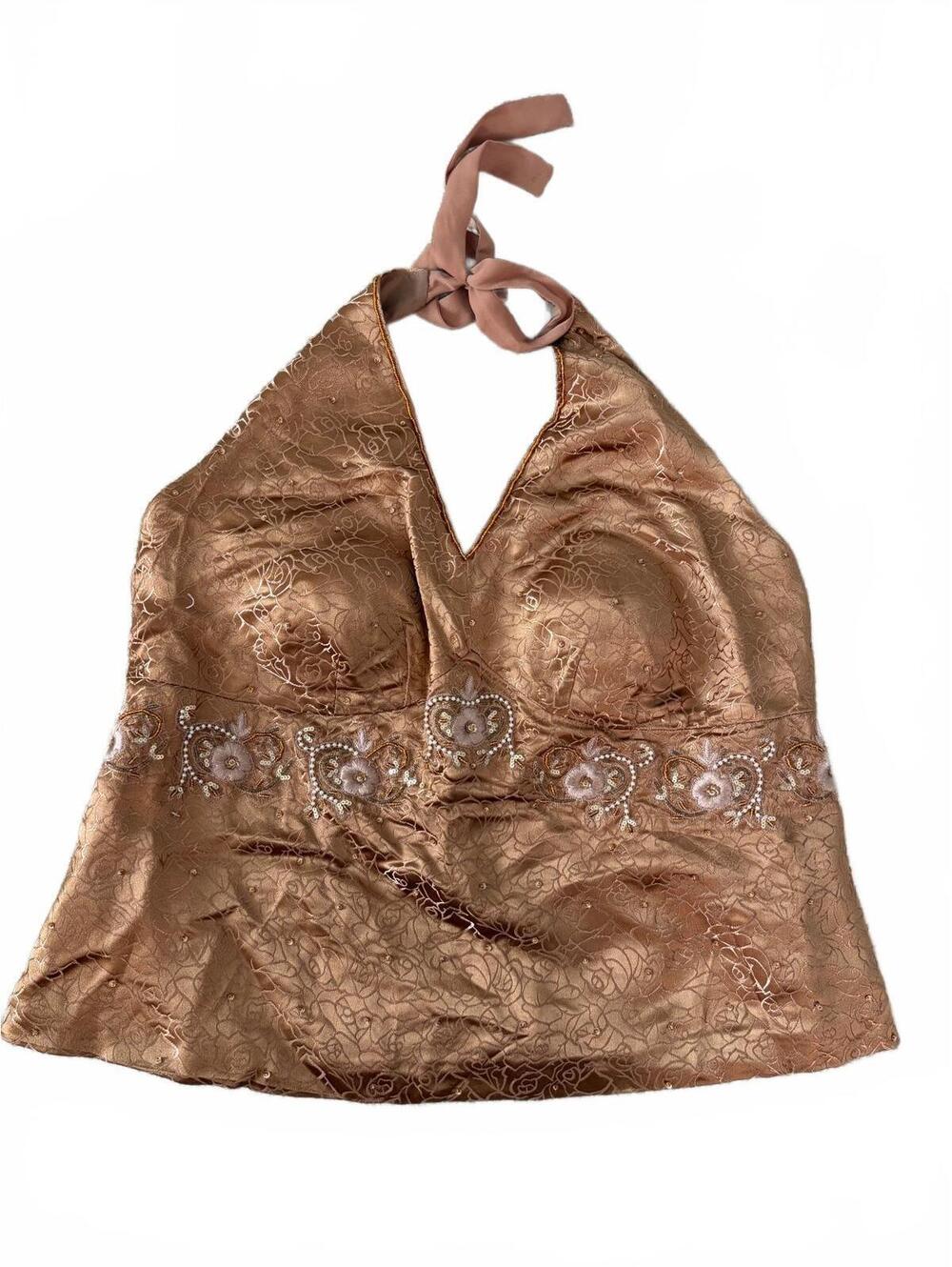 Lane Bryant Halter Top Size XL Bronze Floral Beaded Padded